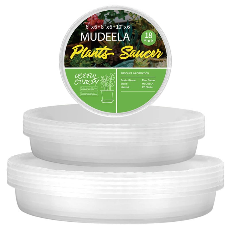 18 Pack Plant Saucers of 6 inch & 8 inch & 10 inch , Durable Plant Trays for Indoors Outdoors, Clear Plastic Flower Plant Pot Saucer, Made of Thicker, Stronger Plastic, with Taller Design (6""+8""+10"")